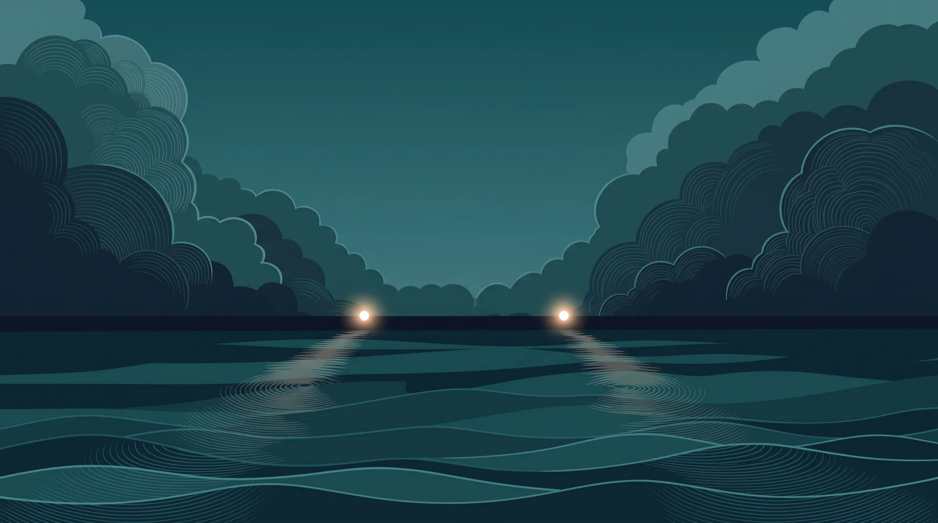 Due luci lontane sull'acqua di notte, e due scie che attraversano il mare come due rotte possibili