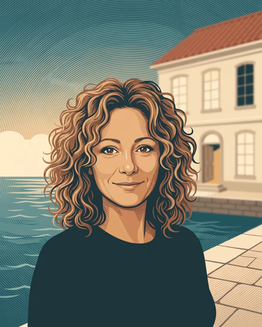 Ritratto disegnato di Annalisa Bertoletti, sul molo, con la casa sul porto alle spalle
