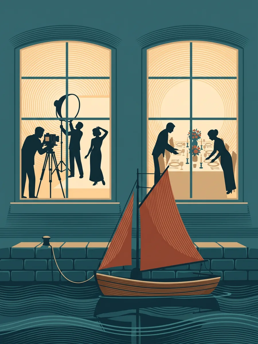 Due finestre accese di notte: in una un set fotografico, nell'altra una tavola apparecchiata per un matrimonio; sotto, la barca ormeggiata