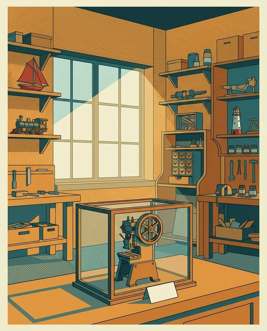 Il modellino della vecchia macchina a volano in una piccola teca, in un negozio di modellismo