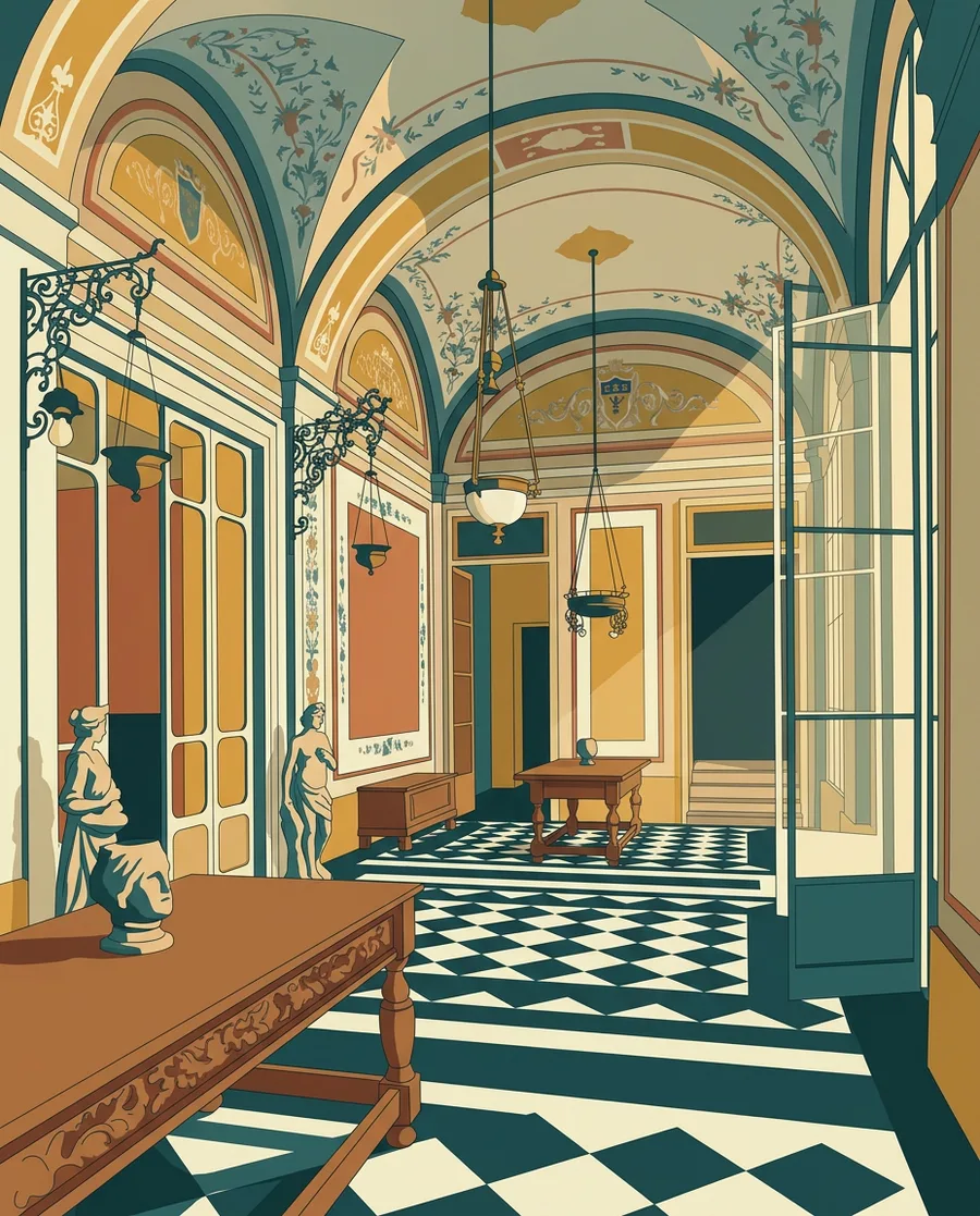La galleria affrescata di una villa storica, col pavimento a scacchi e le statue