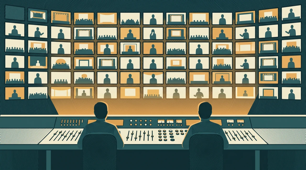 Il banco della regia multicamera durante una diretta, davanti alla parete di monitor accesi