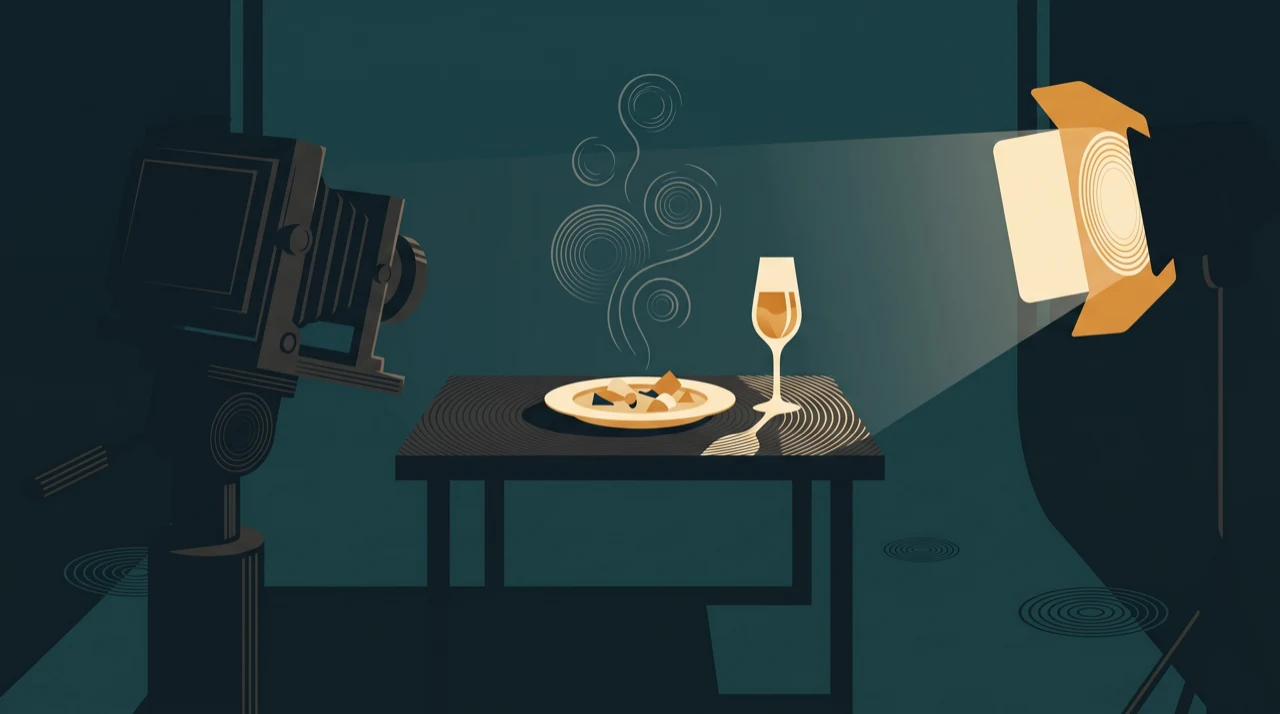 Un set di food in luce dura: il vapore che sale dal piatto e il banco ottico che riprende