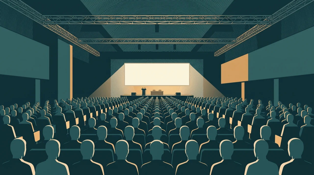 Una sala di convention vista dal fondo: la platea di spalle e lo schermo acceso davanti