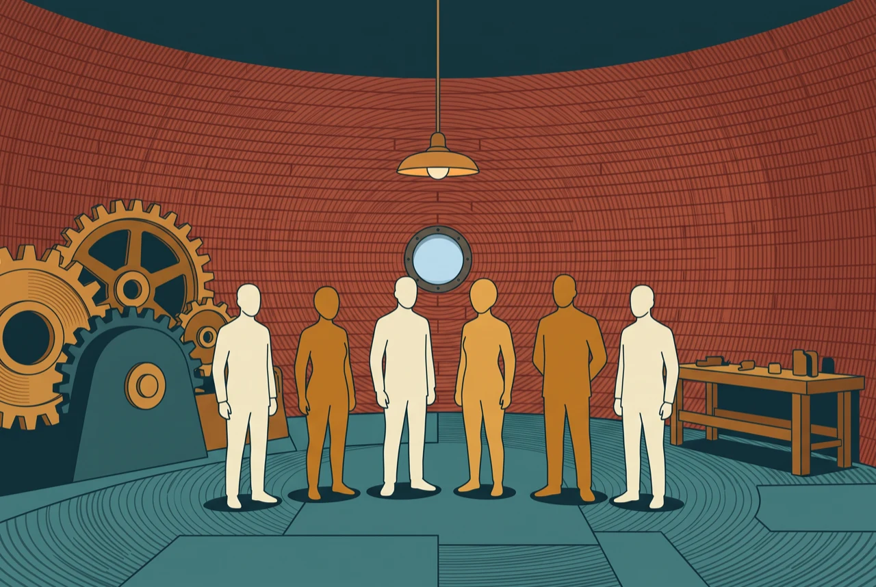 Un ritratto di gruppo del personale, disegnato nel nostro stile, dentro la sala macchine del faro