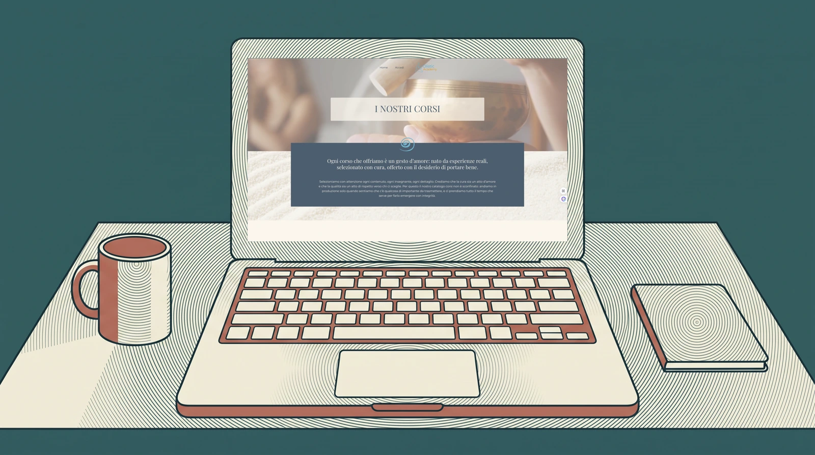 Un portatile disegnato con, sullo schermo, la pagina vera dei corsi di Olisticacademy
